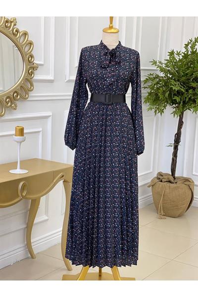 Florlı Kemerli Elbise 1154 Siyah