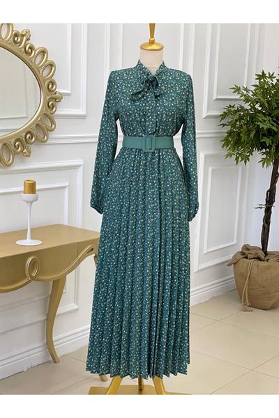 Florlı Kemerli Elbise 1154 Yeşil