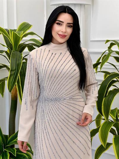 Ful Taş İşleme Krep Elbise 24y6 t-24 Bej