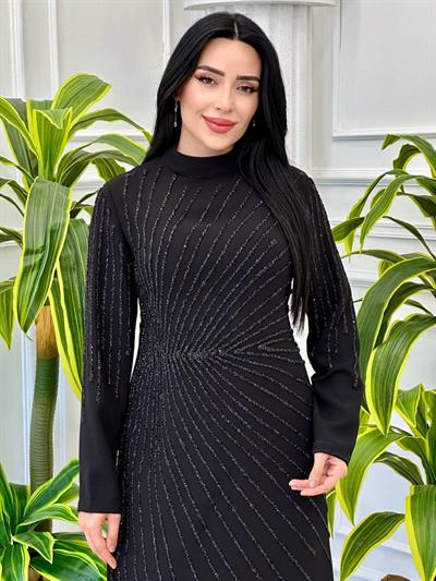 Ful Taş İşleme Krep Elbise 24y6 t-24 Siyah