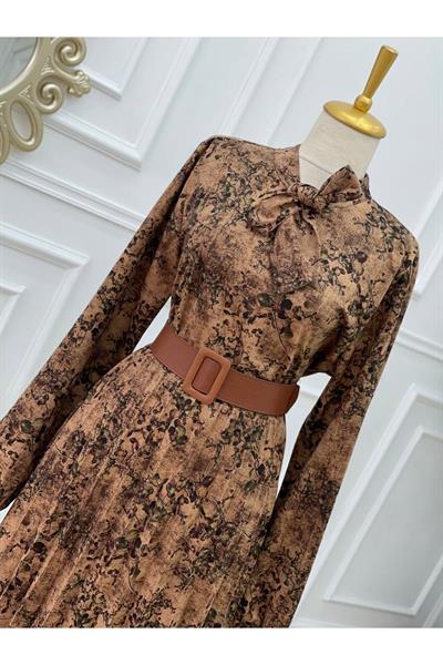 Fularlı Elbise 1087 Kahverengi