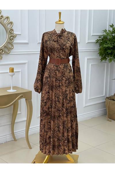 Fularlı Elbise 1087 Kahverengi