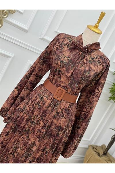 Fularlı Elbise 1087 Taba