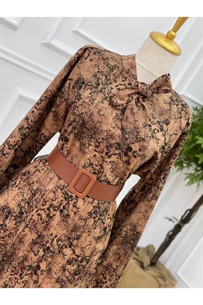 Fularlı Elbise 1087 Vizon