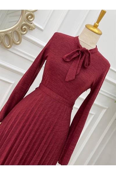 Fularlı Örme Elbise 3198 Bordo