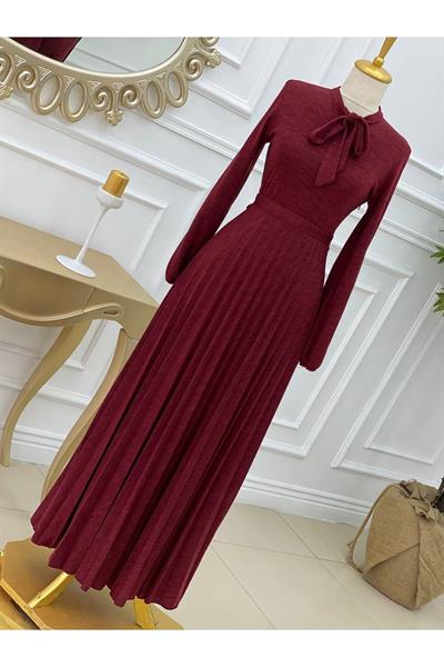 Fularlı Örme Elbise 3198 Bordo