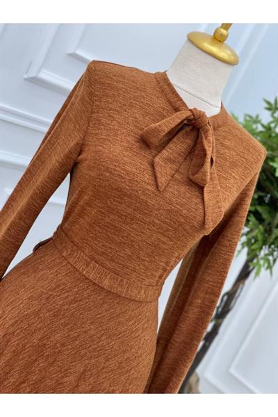 Fularlı Örme Elbise 3198 Kiremit