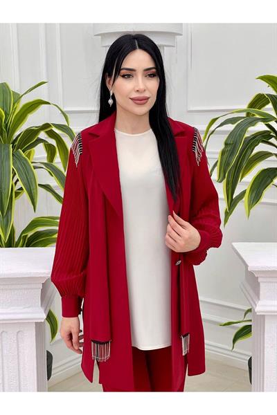 Fularlı Piliseli Ceketli Takım 5713 Kırmızı