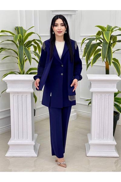Fularlı Piliseli Ceketli Takım 5713 Saks