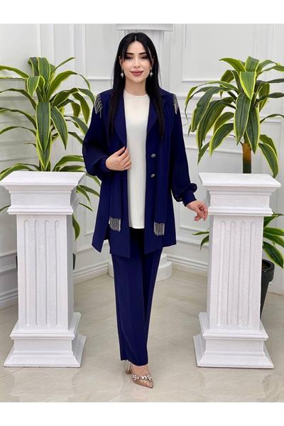 Fularlı Piliseli Ceketli Takım 5713 Saks