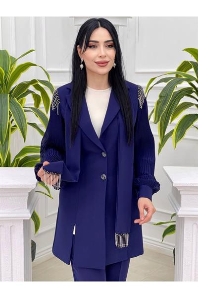 Fularlı Piliseli Ceketli Takım 5713 Saks