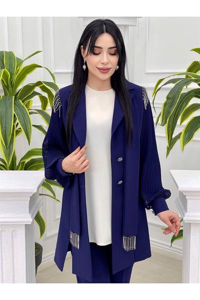 Fularlı Piliseli Ceketli Takım 5713 Saks