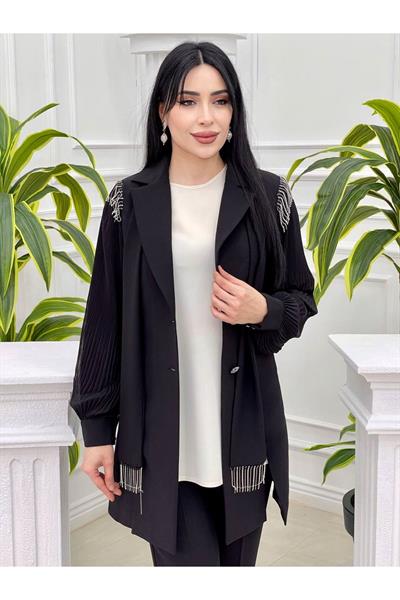 Fularlı Piliseli Ceketli Takım 5713 Siyah