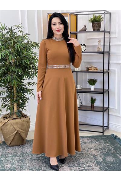 Funda Taşlı Elbise 1090 Hardal