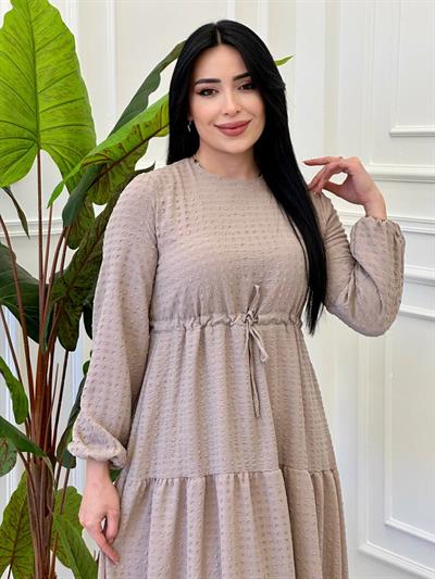 Göfre Kumaş Bel Bağçıklı Elbise 9534 e-25 Bej