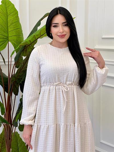 Göfre Kumaş Bel Bağçıklı Elbise 9534 e-25 Ekru