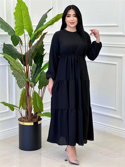 Göfre Kumaş Bel Bağçıklı Elbise 9534 e-25 Siyah