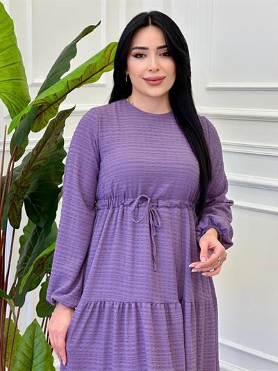 Göfre Kumaş Bel Bağçıklı Elbise 9534 e-25 Leylak