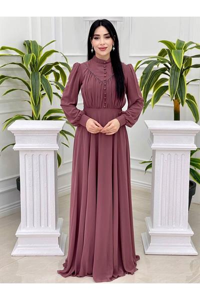 Gögüs Drape Düğmeli Şifon Elbise 12388 Rose