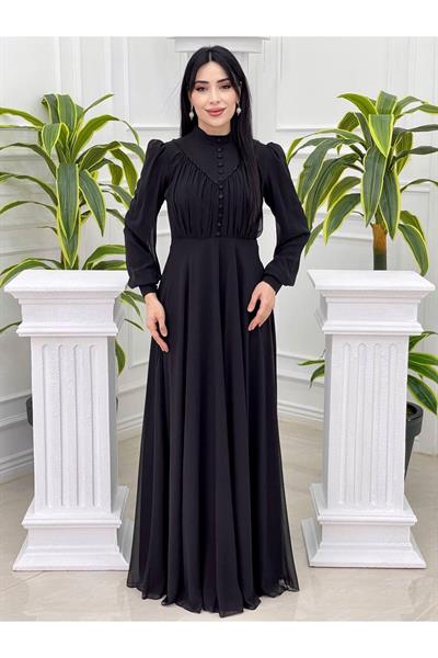 Gögüs Drape Düğmeli Şifon Elbise 12388 Siyah