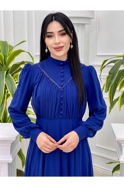 Gögüs Drape Düğmeli Şifon Elbise 12388 Saks