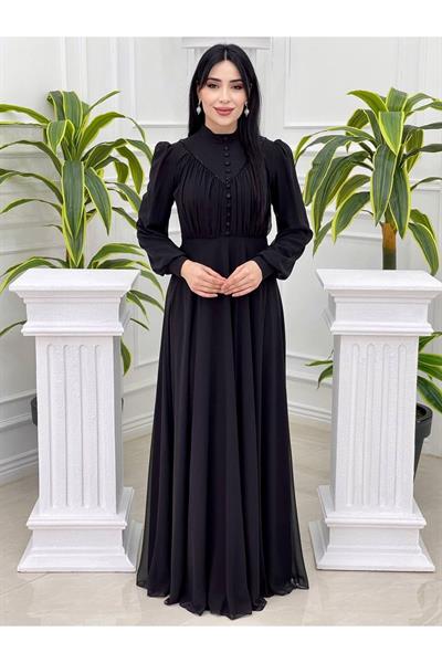 Gögüs Drape Düğmeli Şifon Elbise 12388 Siyah
