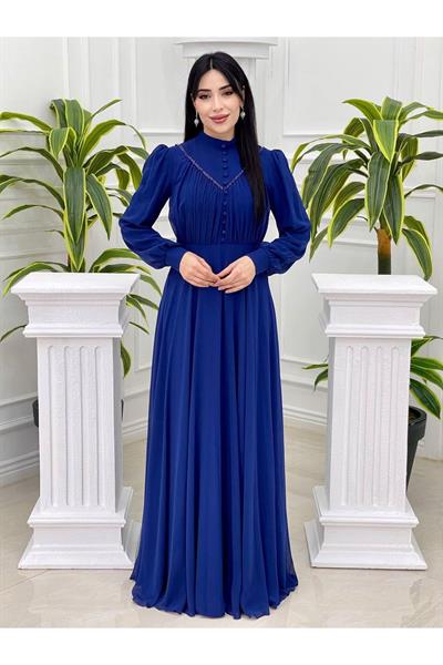 Gögüs Drape Düğmeli Şifon Elbise 12388 Saks