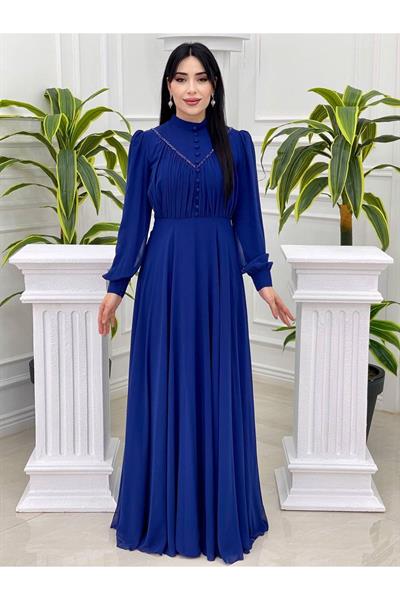 Gögüs Drape Düğmeli Şifon Elbise 12388 Saks