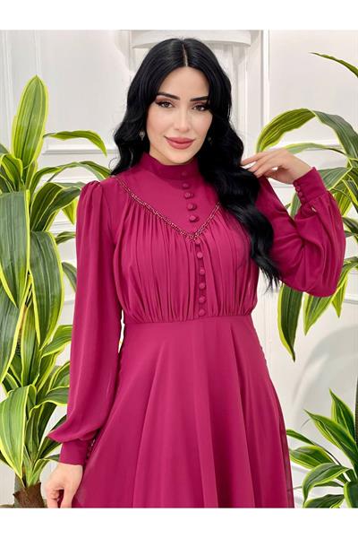 Gögüs Drape Düğmeli Şifon Elbise 12388 Vişne