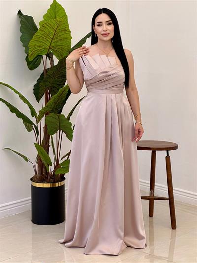 Gögüs Drape Straplez Abiye 4741 Bej