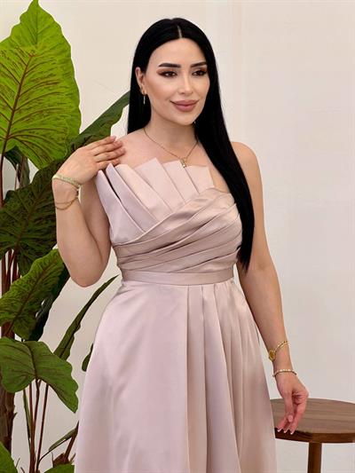 Gögüs Drape Straplez Abiye 4741 Bej