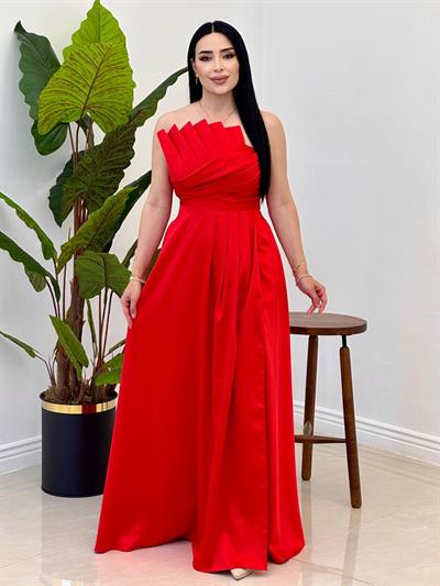 Gögüs Drape Straplez Abiye 4741 Kırmızı