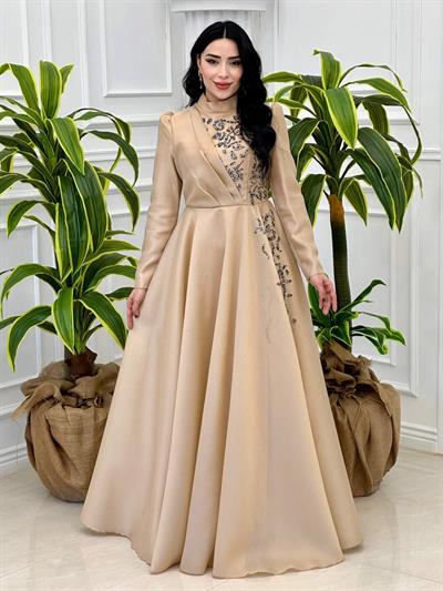 Ğögüs Drape Taş İşleme Abiye 1200 Bej