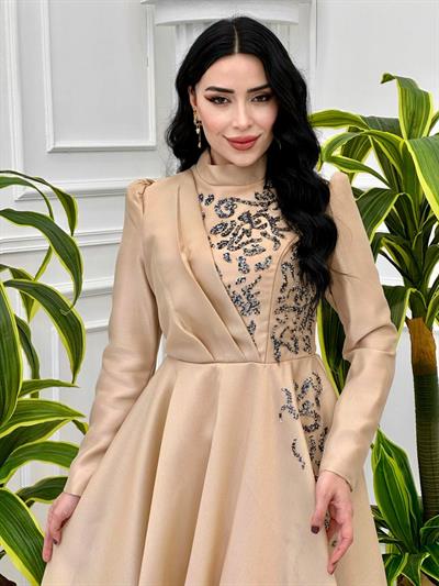Ğögüs Drape Taş İşleme Abiye 1200 Bej