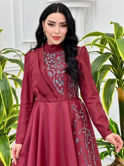 Ğögüs Drape Taş İşleme Abiye 1200 Bordo