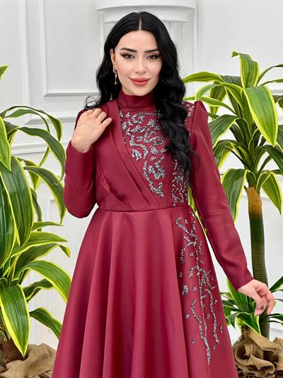 Ğögüs Drape Taş İşleme Abiye 1200 Bordo