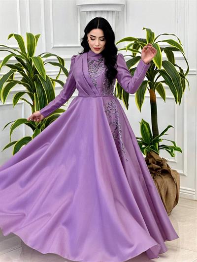 Ğögüs Drape Taş İşleme Abiye 1200 Lila