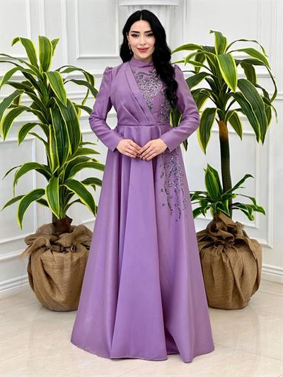 Ğögüs Drape Taş İşleme Abiye 1200 Lila