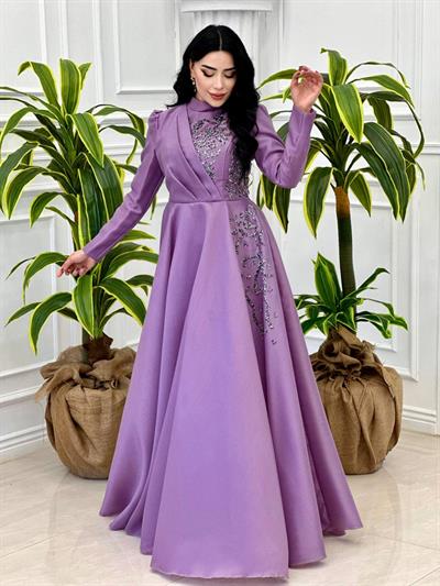 Ğögüs Drape Taş İşleme Abiye 1200 Lila