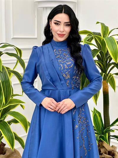 Ğögüs Drape Taş İşleme Abiye 1200 Mavi
