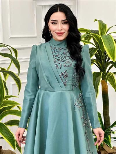 Ğögüs Drape Taş İşleme Abiye 1200 Mint yeşili