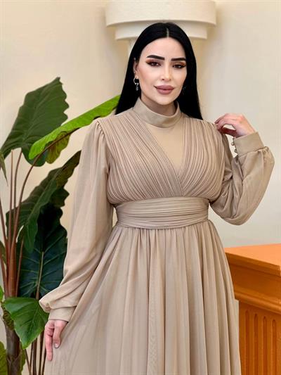 Göğüs Drape Tül Elbise 4632 T-25 Bej