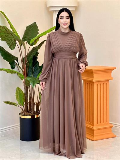 Göğüs Drape Tül Elbise 4632 T-25 Kahverengi
