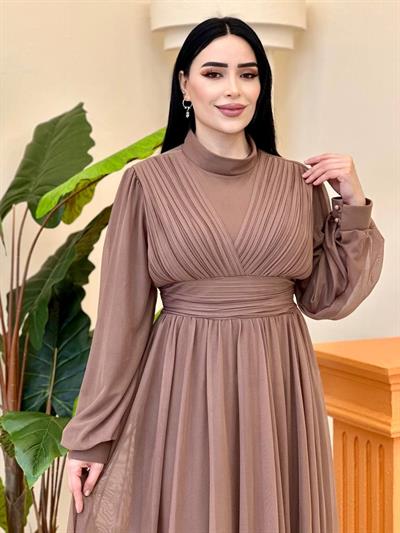 Göğüs Drape Tül Elbise 4632 T-25 Kahverengi