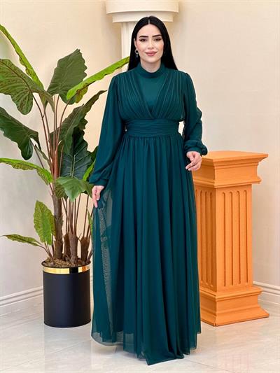 Göğüs Drape Tül Elbise 4632 T-25 Yeşil