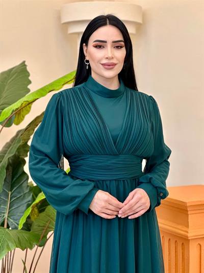 Göğüs Drape Tül Elbise 4632 T-25 Yeşil