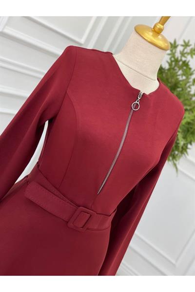 Gögüs Fermuarlı Penye Elbise 3228 Bordo