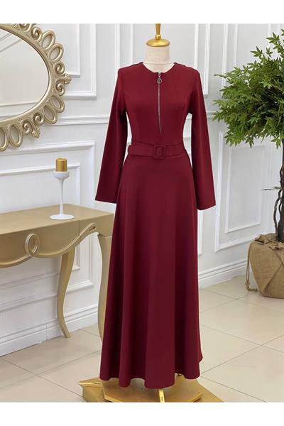 Gögüs Fermuarlı Penye Elbise 3228 Bordo