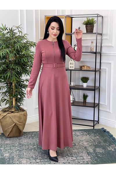 Gögüs Fermuarlı Penye Elbise 3228 Rose