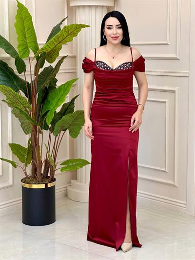 Göğüs İşleme Omuz Bant Saten Abiye 2354 T-24 Bordo